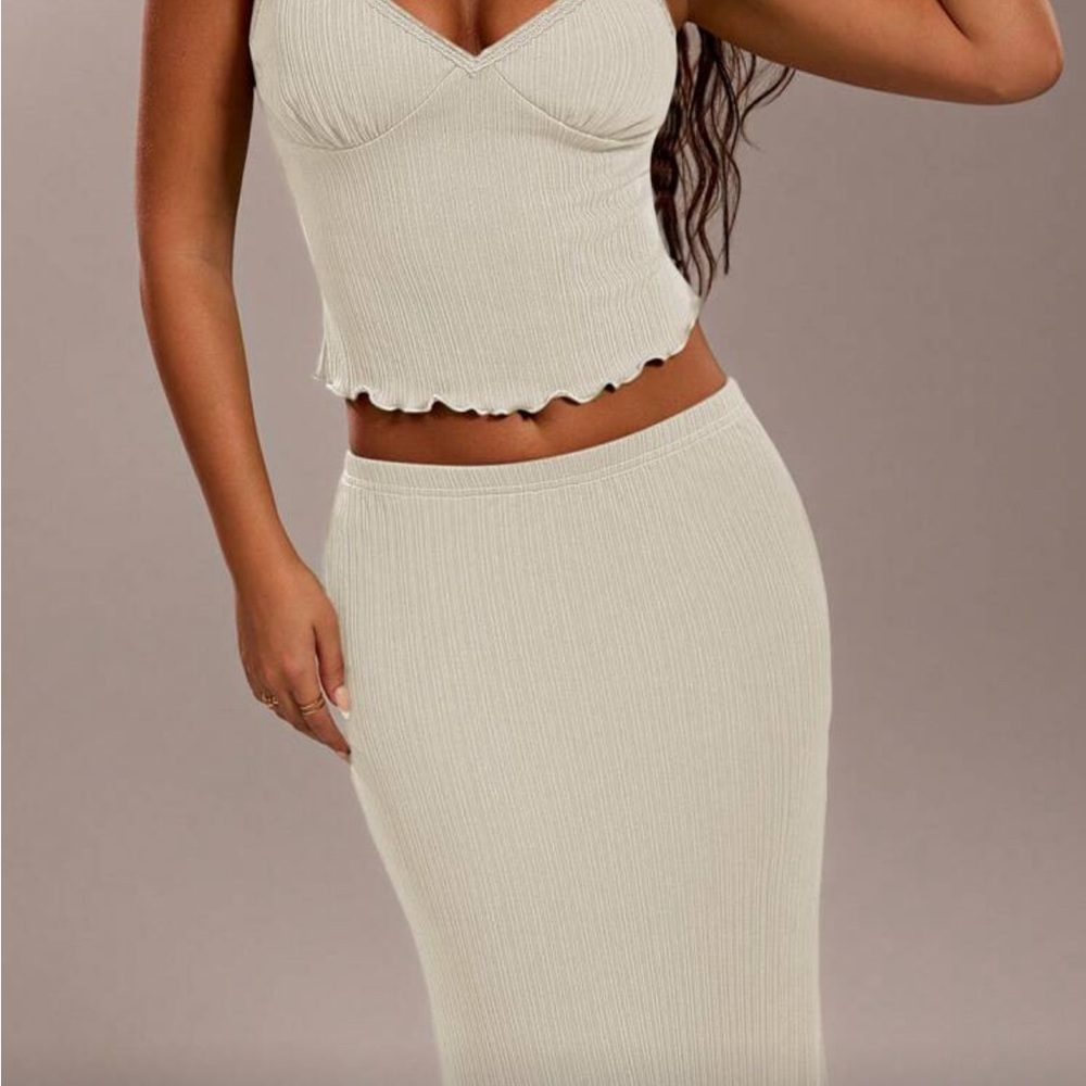 Forever 21 Cream Set Ribbed Pencil Midi Skirt & Tank top